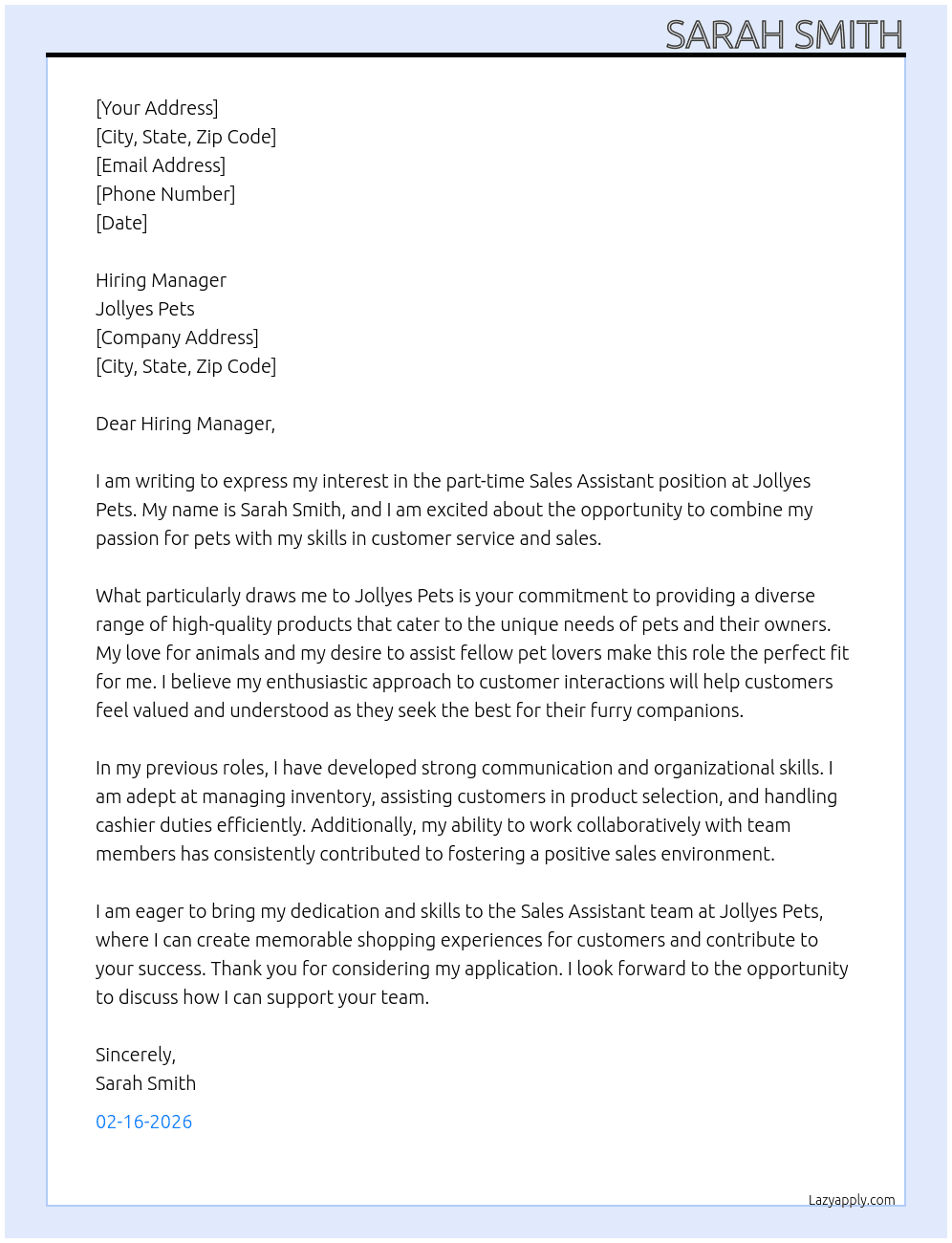 Sales Assistant At Jollyes pets Cover Letter