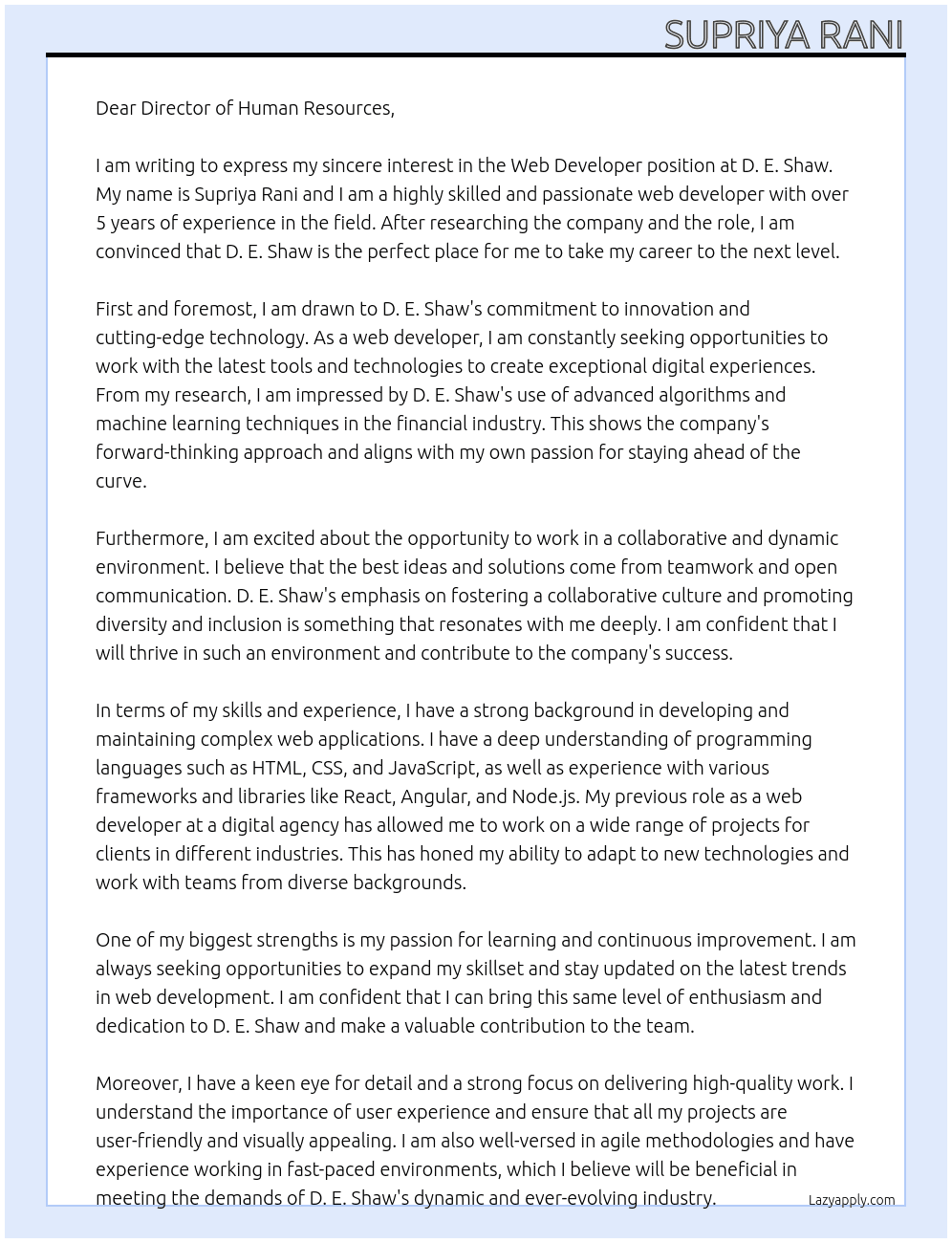 Web Developer At D. E. Shaw Cover Letter