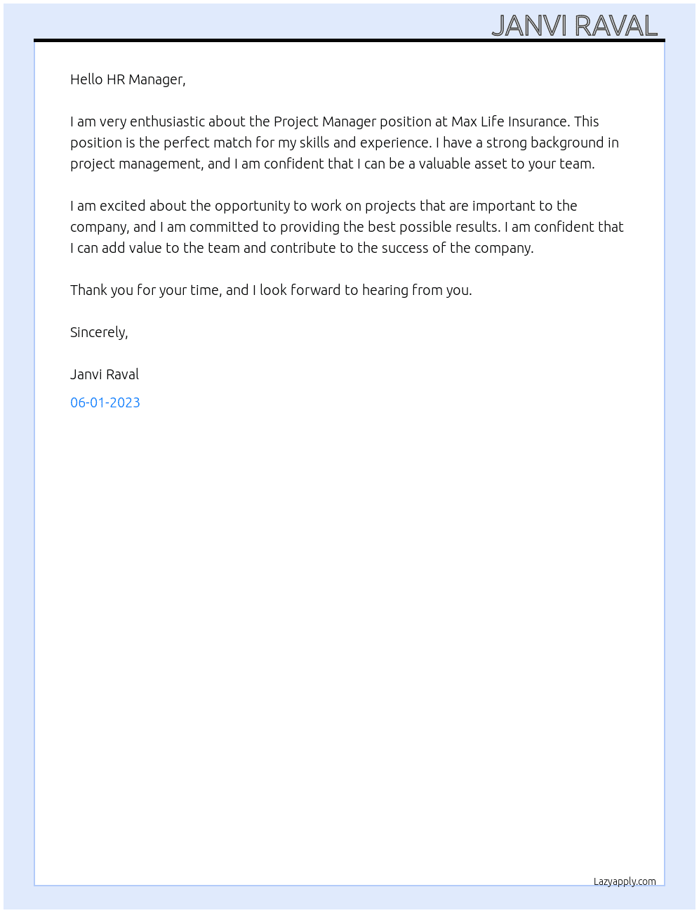 Project Manager  At Max life Insurance  Cover Letter