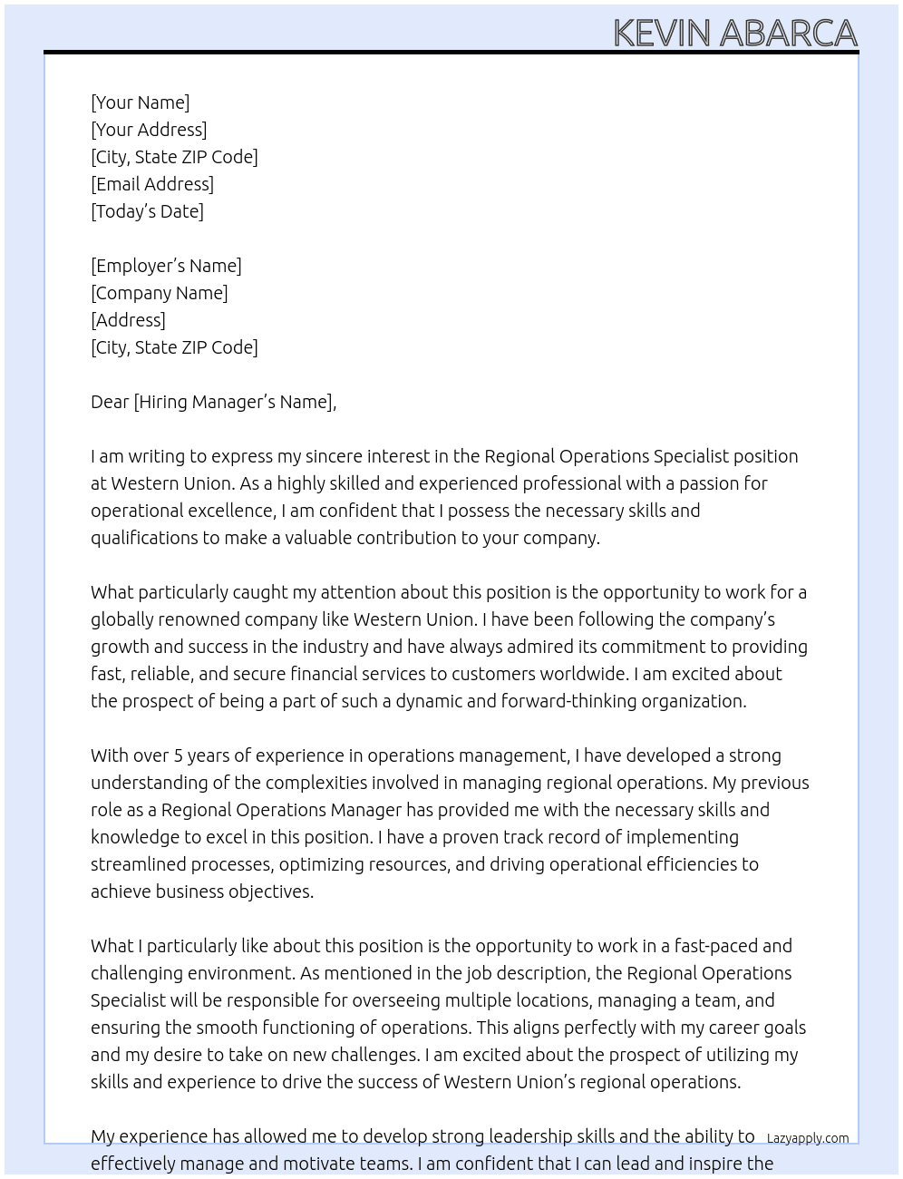 Regional Operations specialist At Western Union Cover Letter