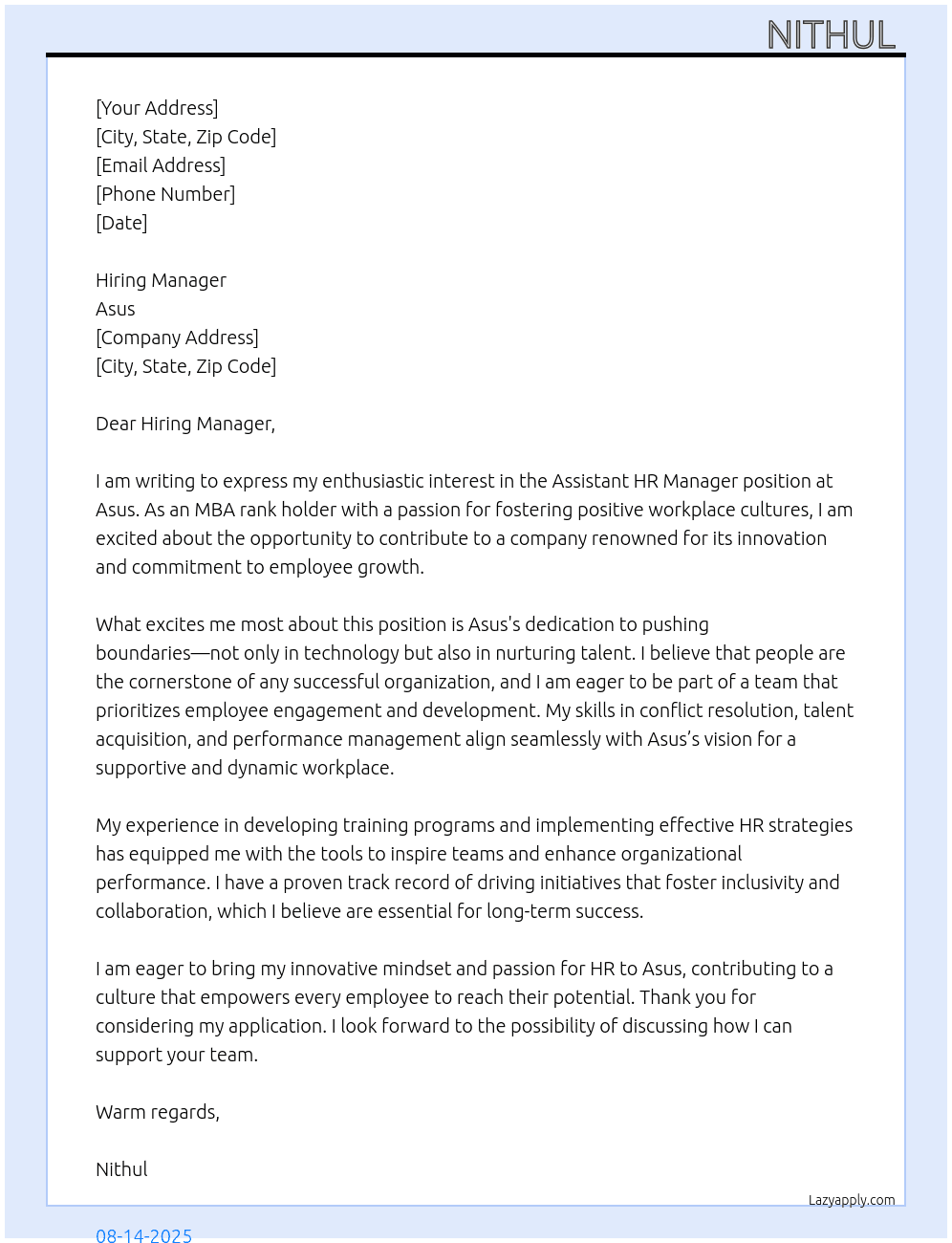 MBA rank holder At Asus Cover Letter
