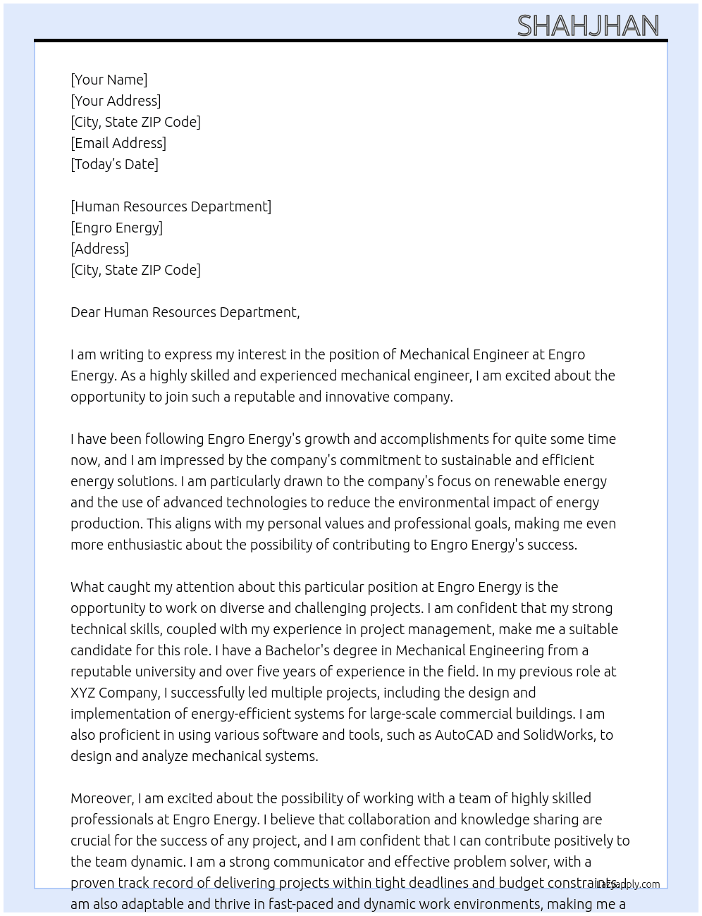 Mechanical Engineer  At Engro Energy Cover Letter