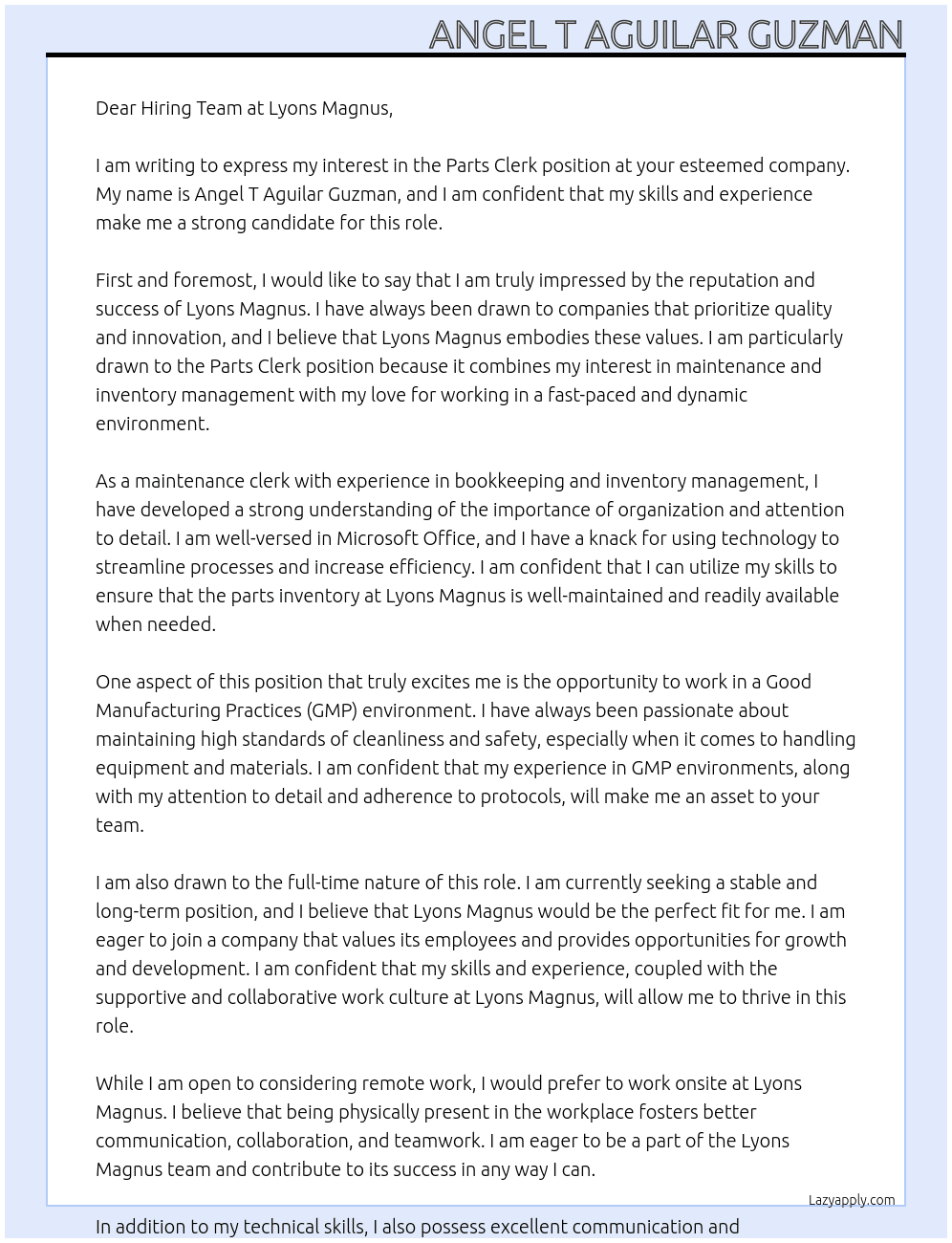 parts clerk At Lyons Magnus Cover Letter