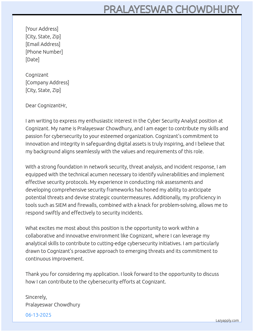 Cyber Security Analyst  At Cognizant  Cover Letter
