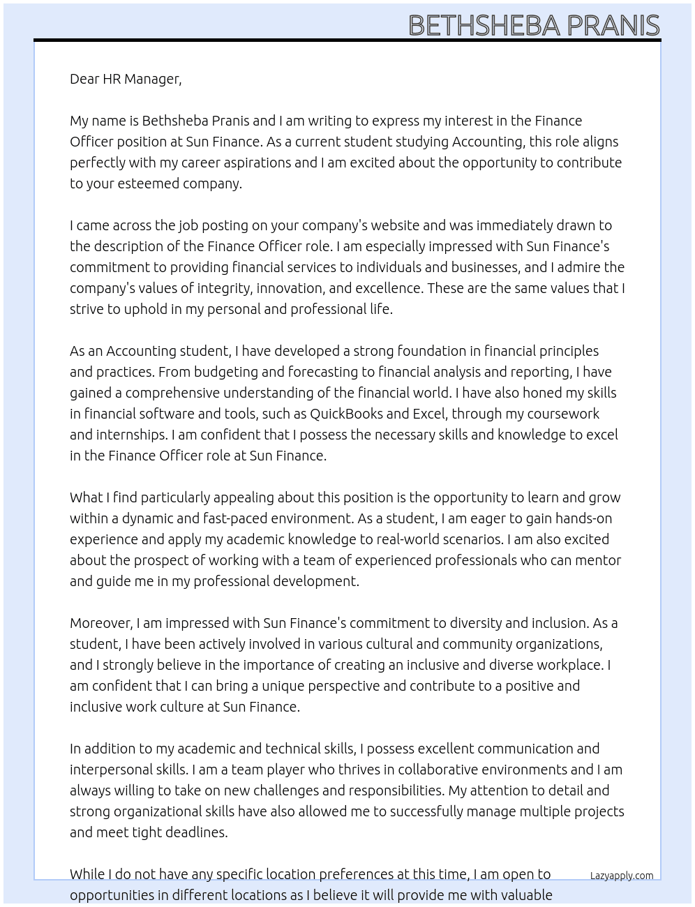 Finance officer At Sun Finace  Cover Letter