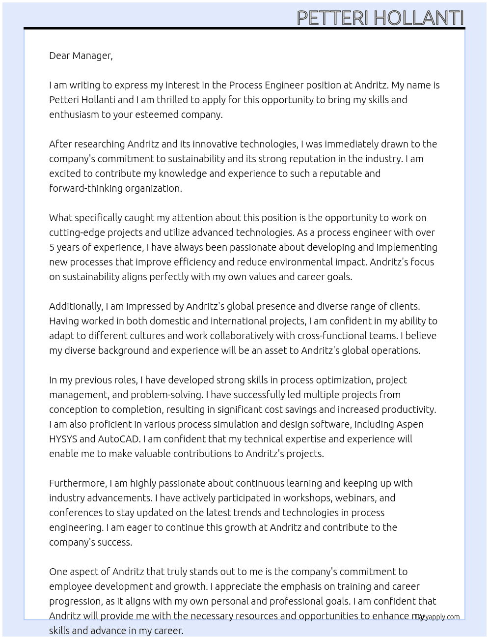 Process engineer At Andritz Cover Letter