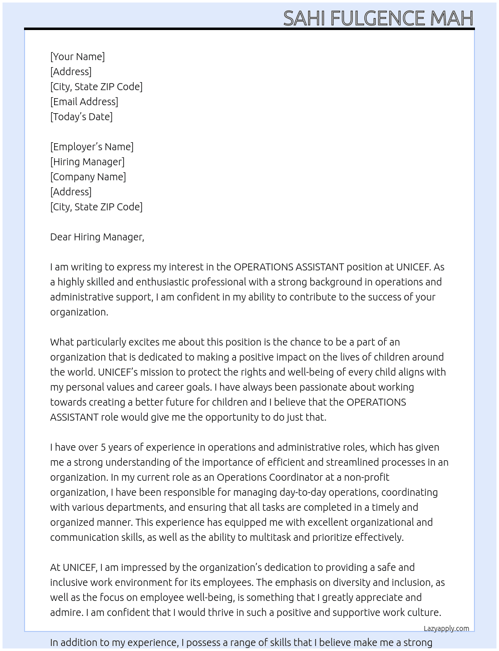 OPERATIONS ASSISTANT At UNICEF Cover Letter