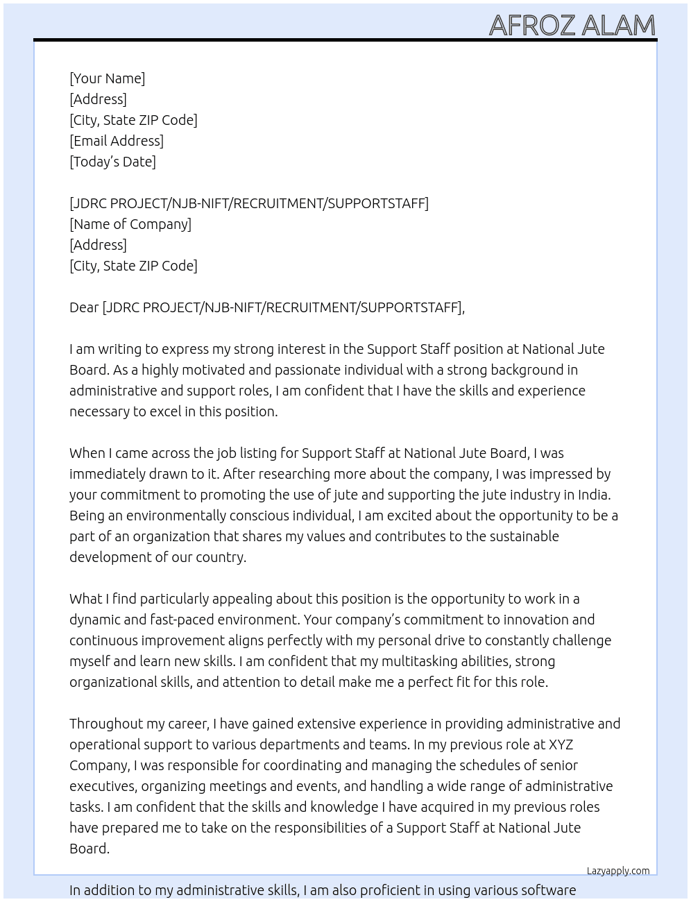 Support Staff At National Jute Board Cover Letter