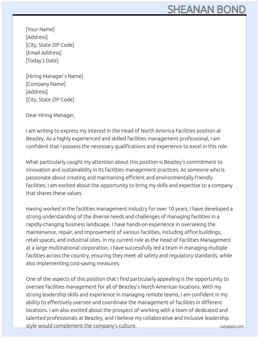 Head of North America Facilities At Beazley Cover Letter