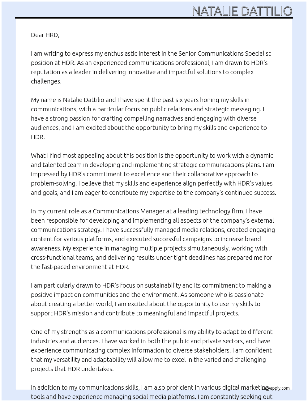 Senior Communications Specialist At HDR Cover Letter
