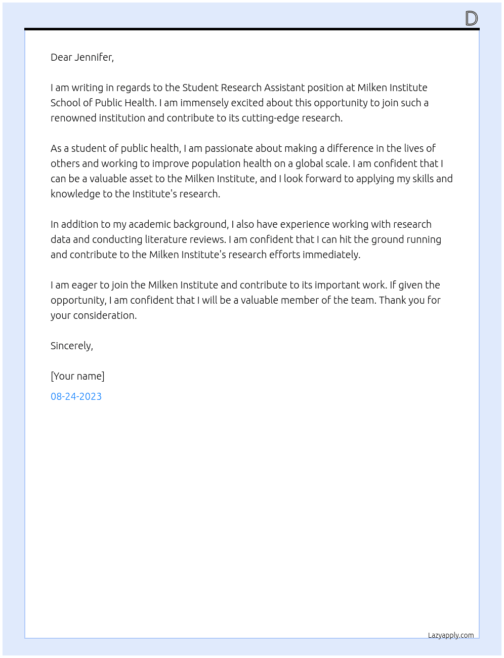 Student Research Assistant At Milken Institute School of Public Health Cover Letter