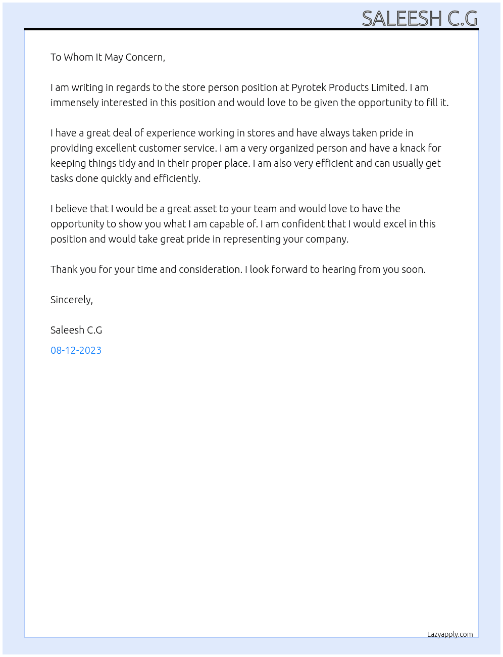 Store person At Pyrotek Products Limited Cover Letter