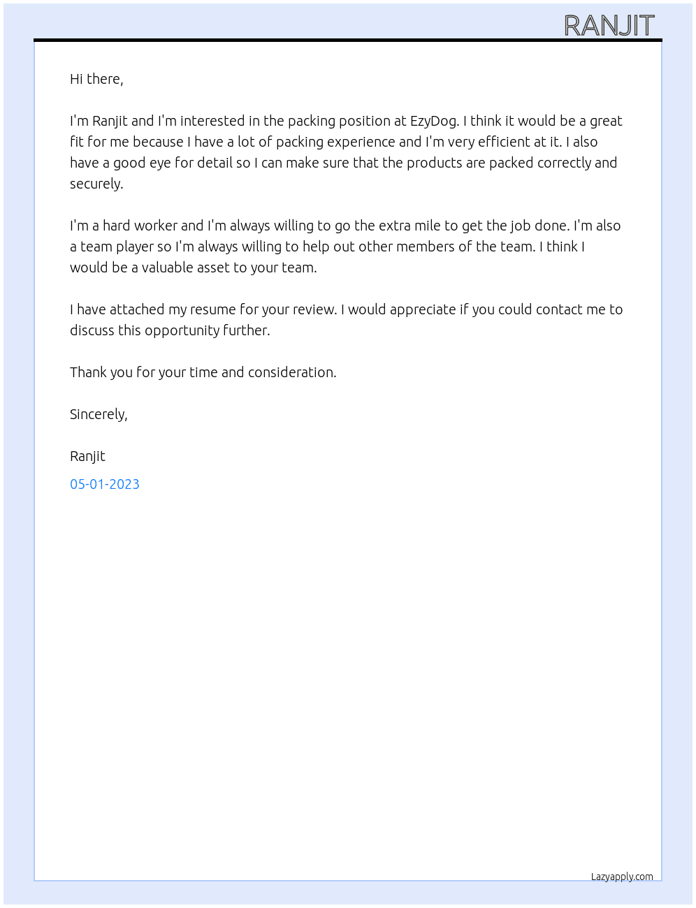 Packing  At EzyDog Pty Ltd Cover Letter