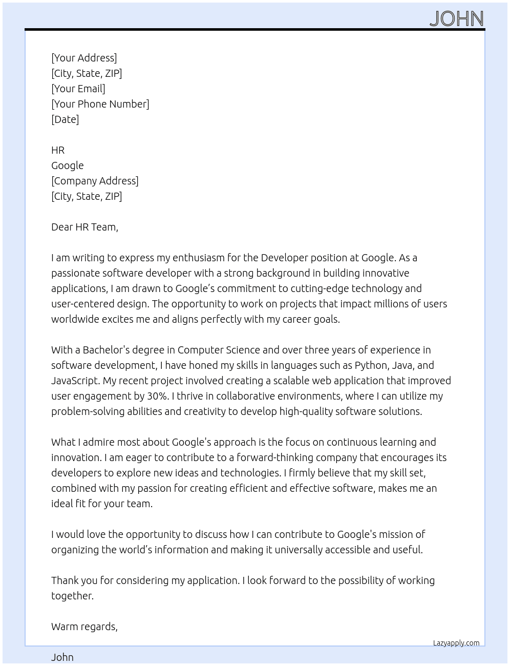 developer At Google Cover Letter