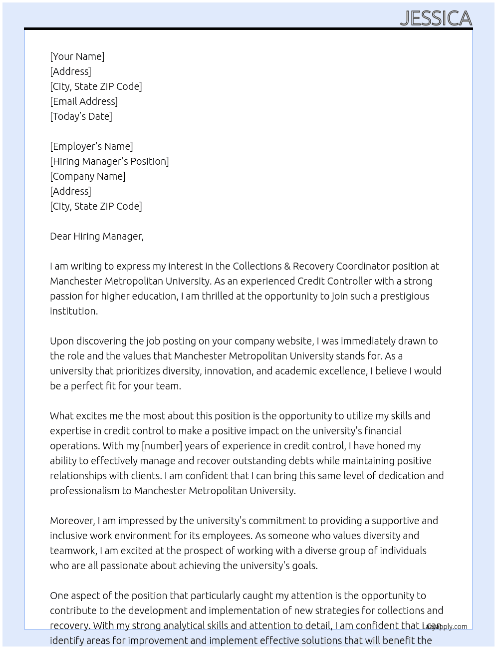 Collections & Recovery Coordinator (experienced Credit Controller) At Manchester Metropolitan University Cover Letter