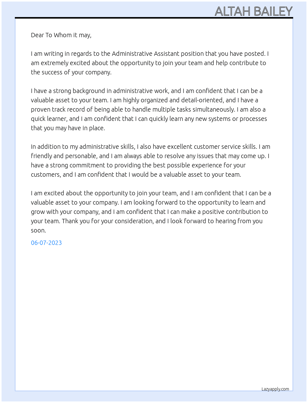 Administrative Assisstant At Office Cover Letter