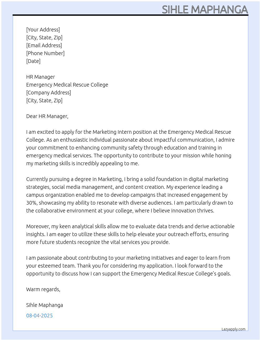 marketing intern  At emergency medical rescue college Cover Letter