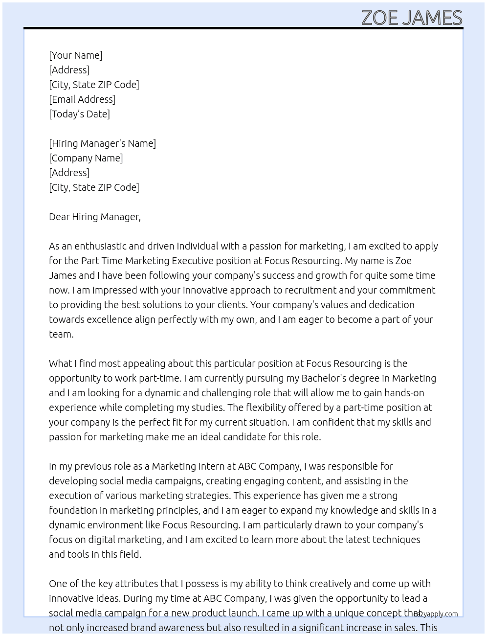 Part Time Marketing Executive At Focus Resourcing Cover Letter