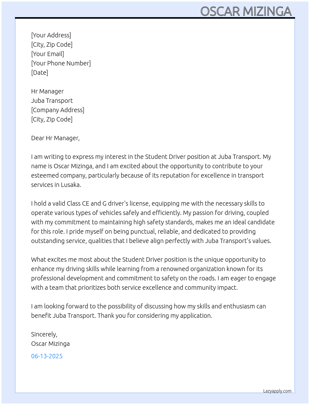 Cover letter for student driver - LazyApply