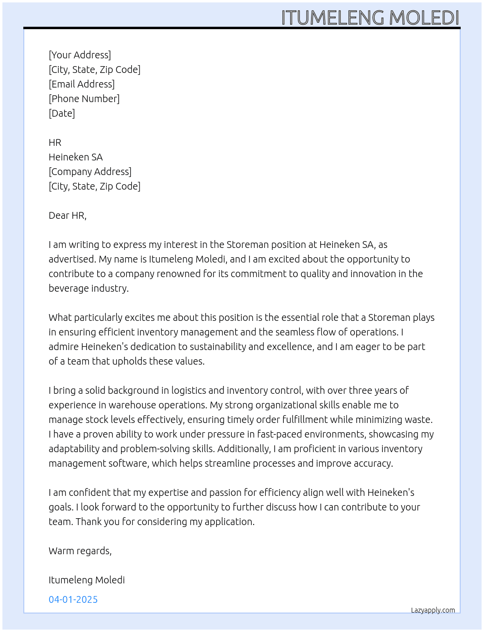 Storeman At Heineken SA Cover Letter