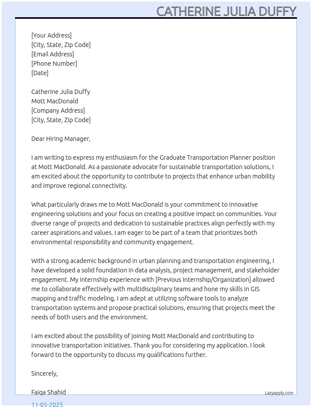 graduate transportation planner At Mott Macdonald Cover Letter
