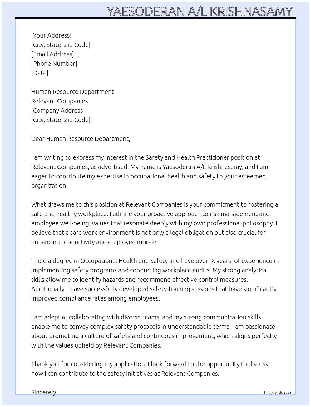 Safety and health practitioner At Relevant companies  Cover Letter