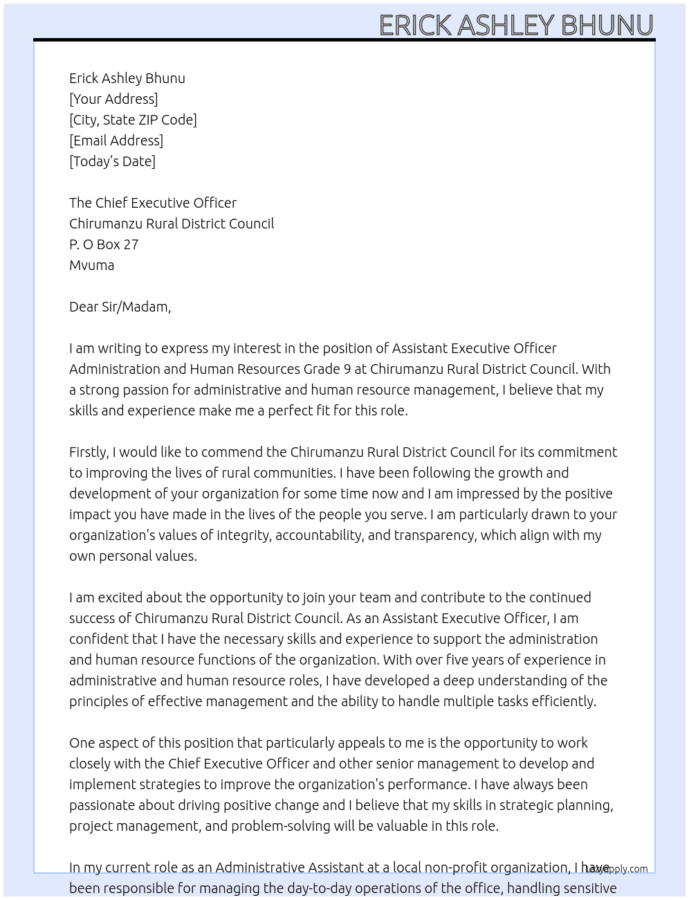 Assistant Executive Officer Administration and Human Resources Grade 9 At Chirumanzu Rural District Council Cover Letter