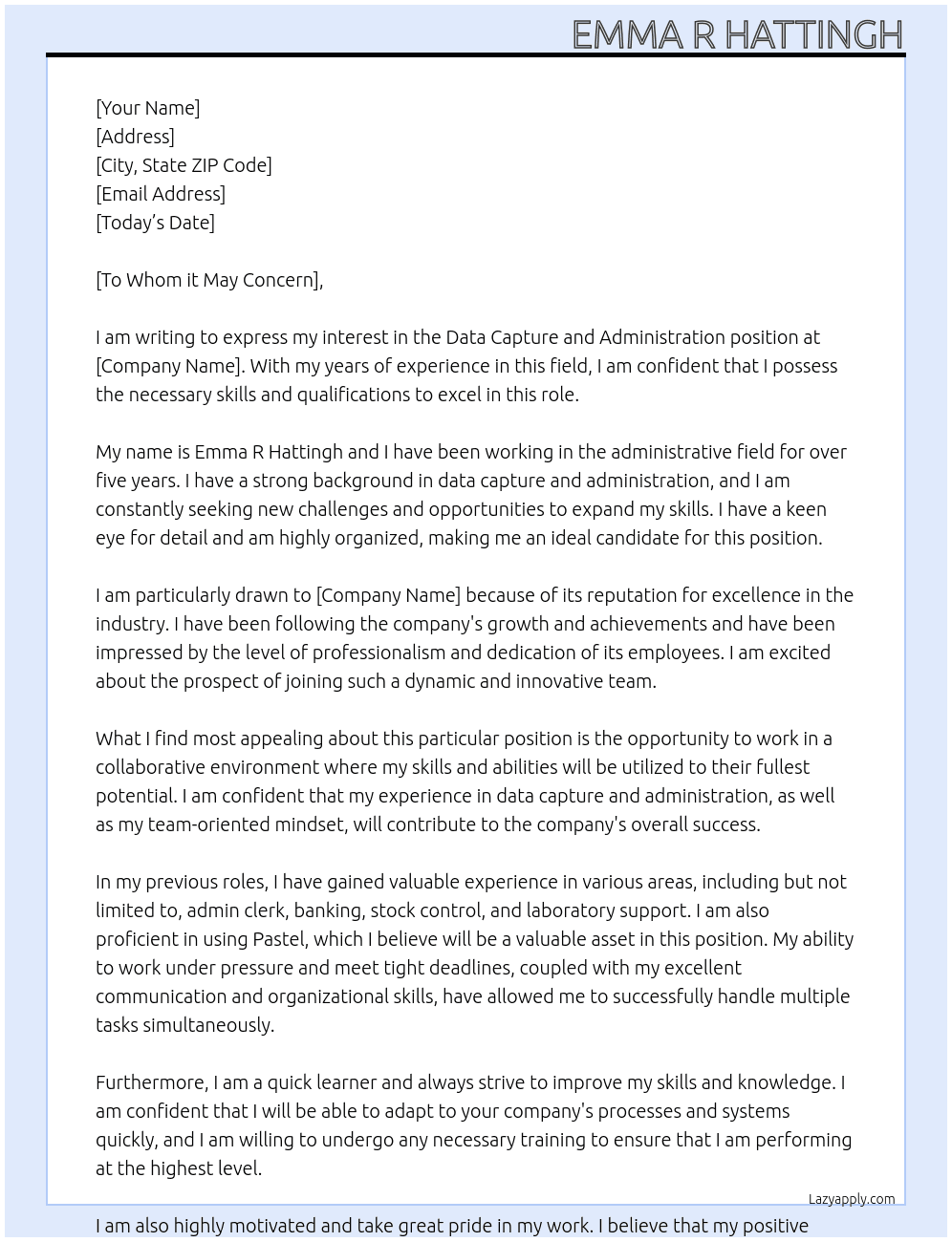 Data Capture & Administration  At Admin Cover Letter