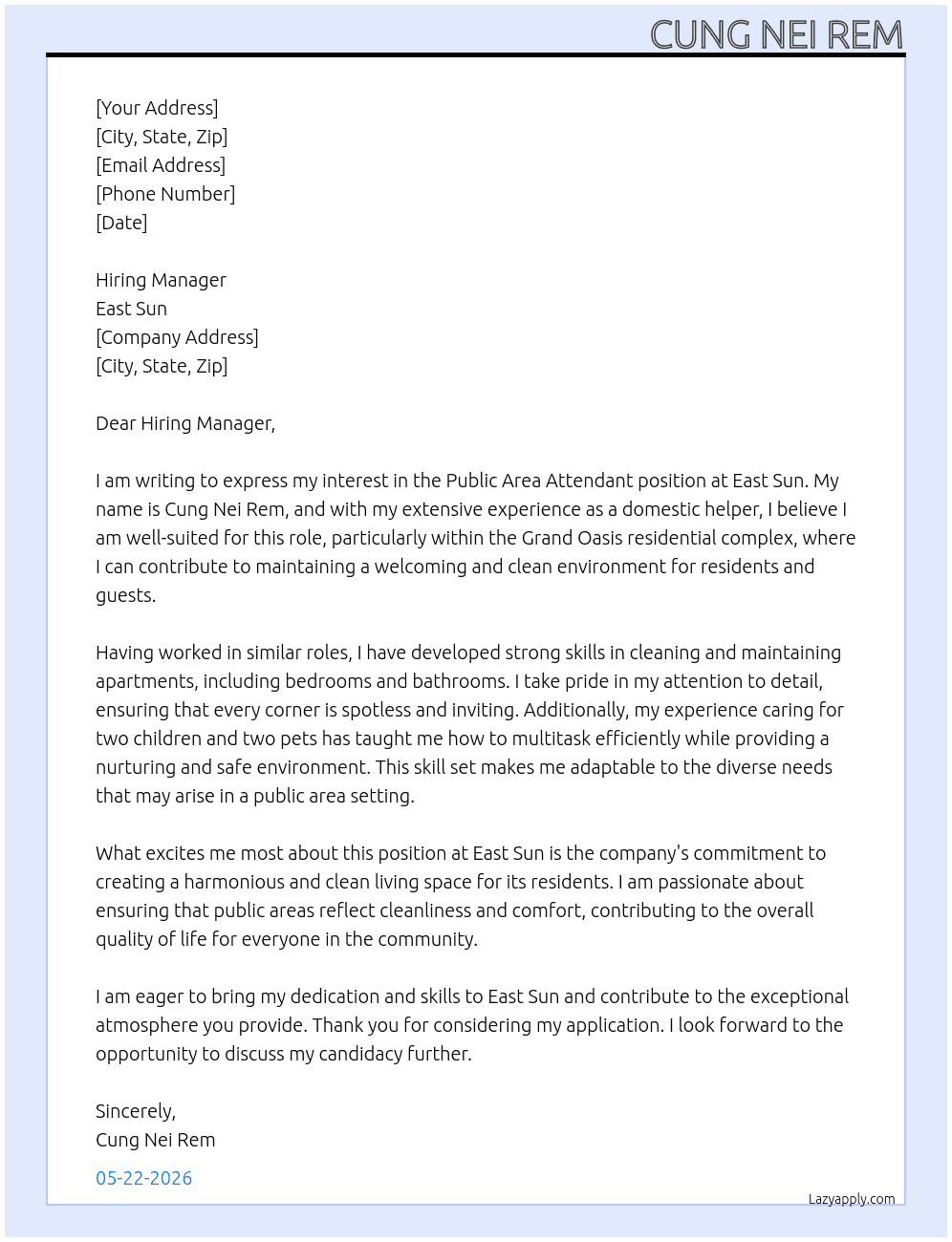Public area attendant  At East sun Cover Letter