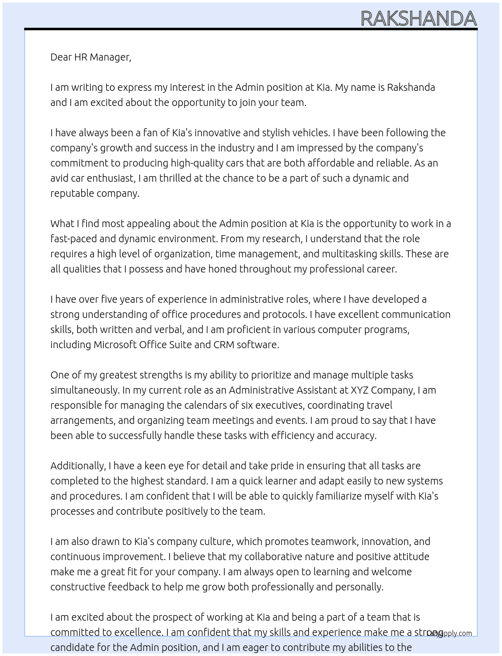 admin At kia Cover Letter