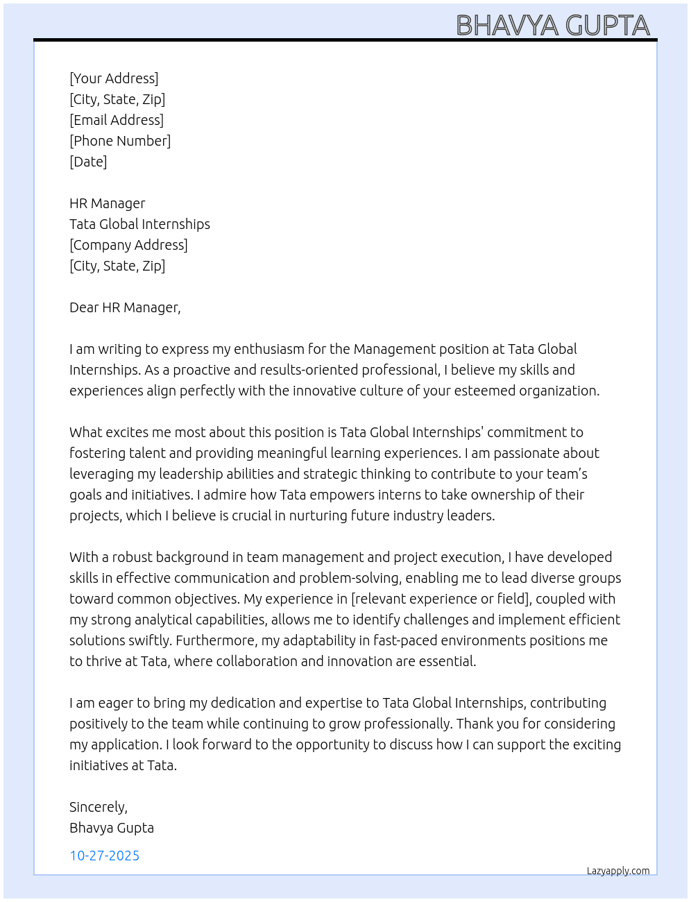 Management  At Tata Global Internships  Cover Letter