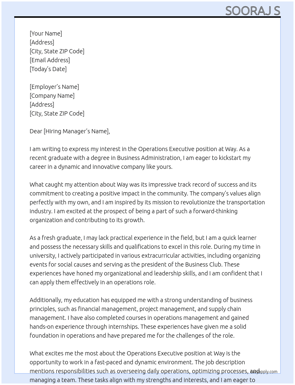 Operations Executive (Freshers)  At Way Cover Letter