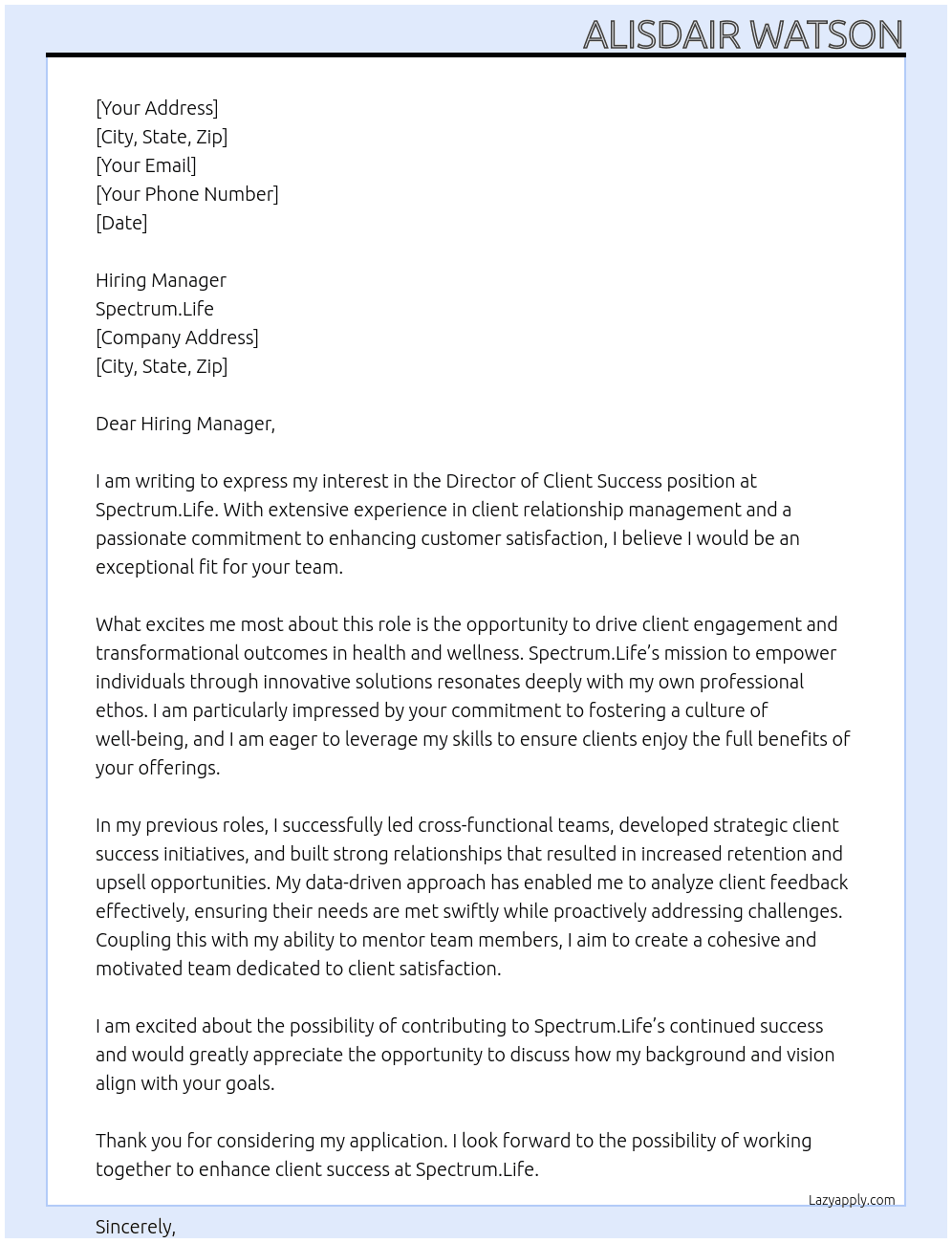 Director Client Success At Spectrum.Life Cover Letter