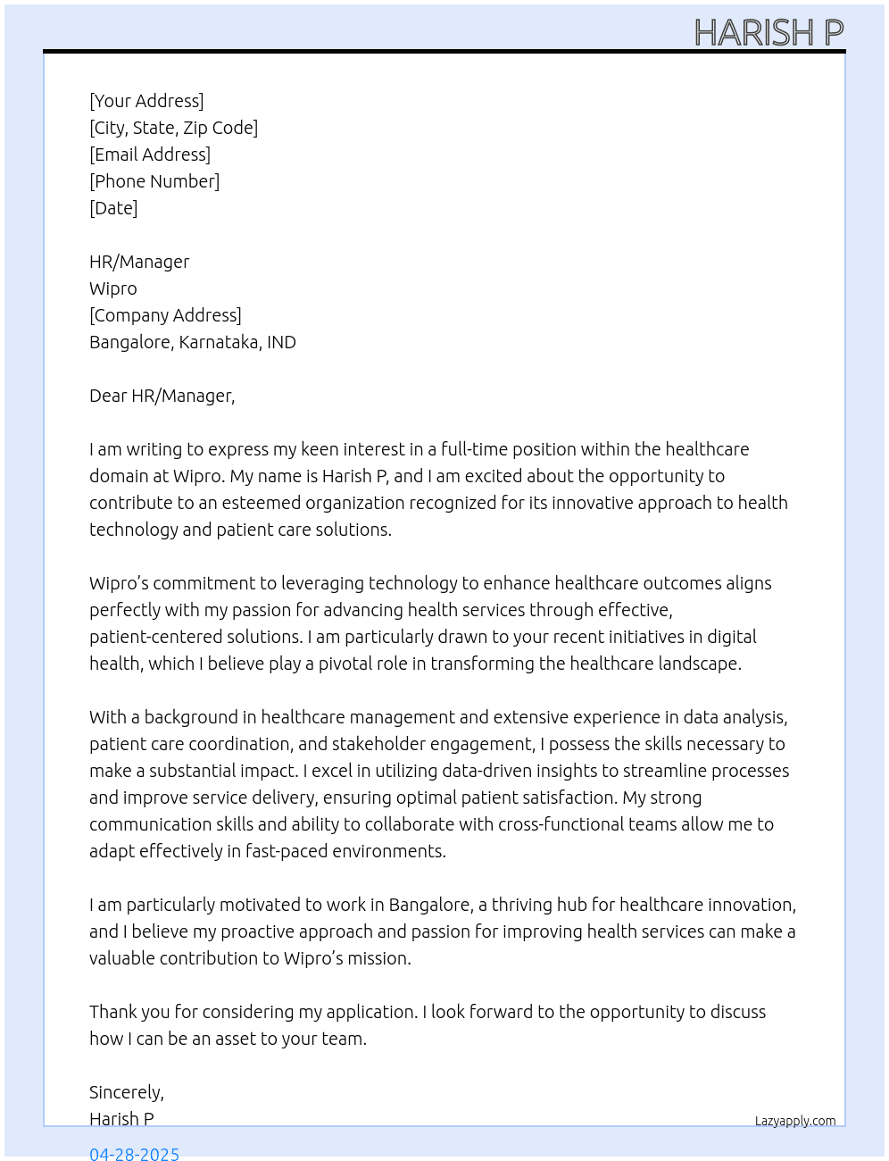 Cover letter for any health care domain - LazyApply