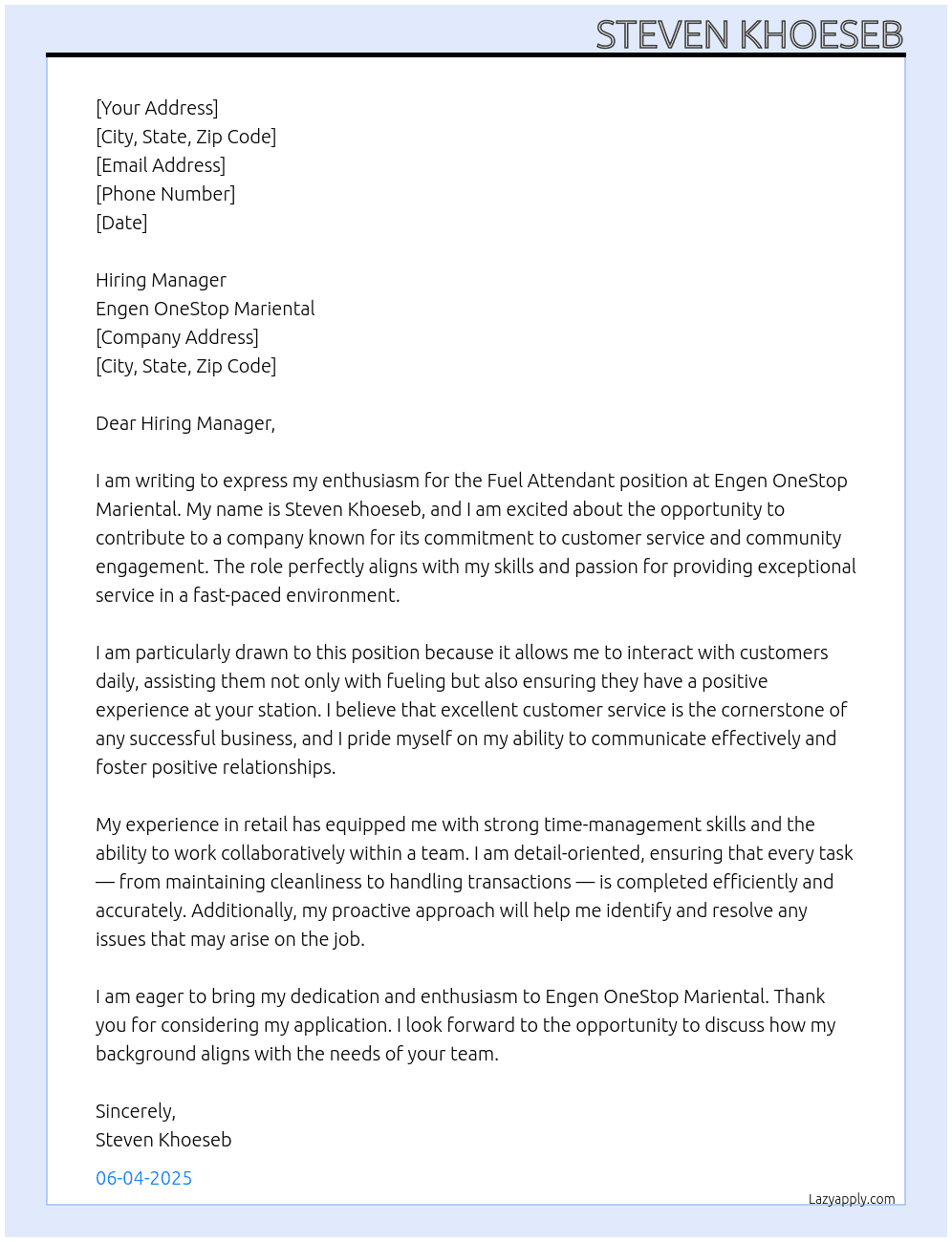 Fuel Attentant At Engen OneStop Mariental Cover Letter