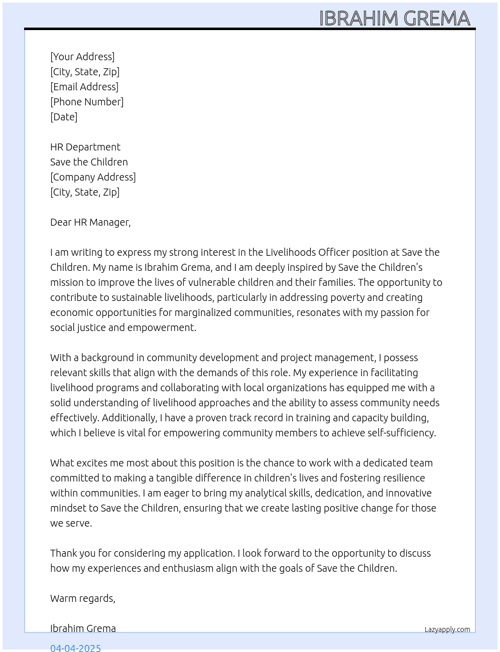 Cover letter for livelihoods officer - LazyApply