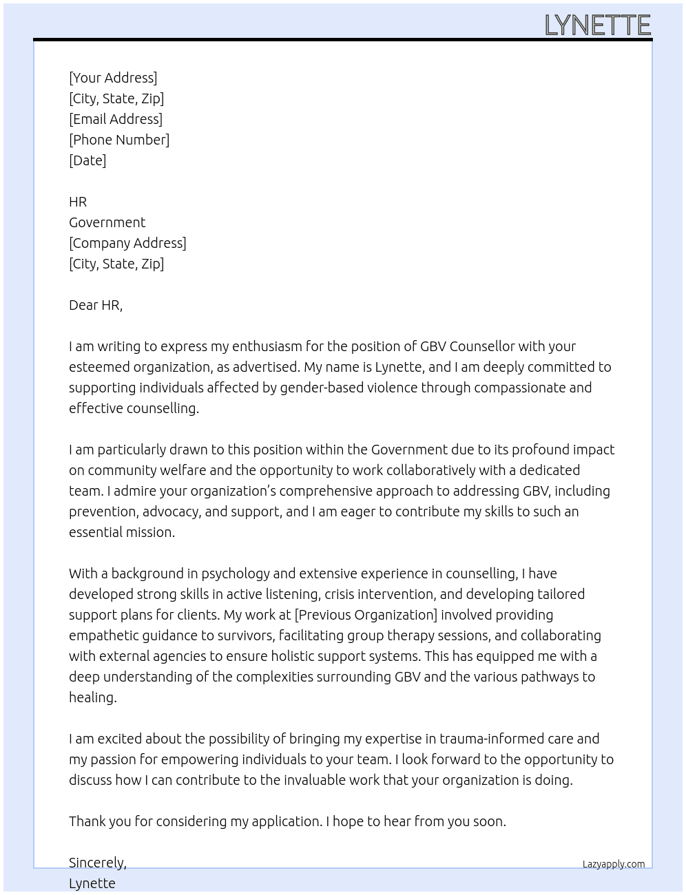 Gbv counsellor  At Government Cover Letter