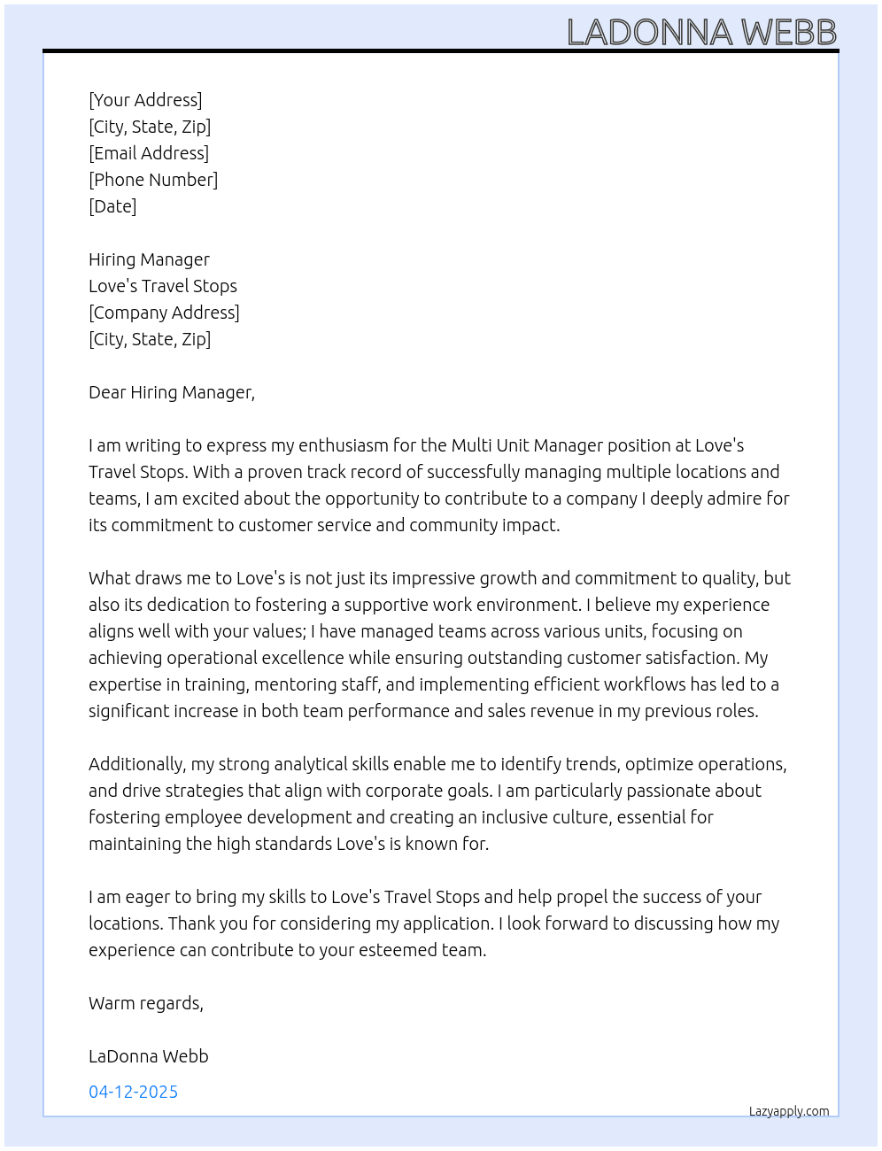 Multi unit Manager At Love's Travel Stops Cover Letter