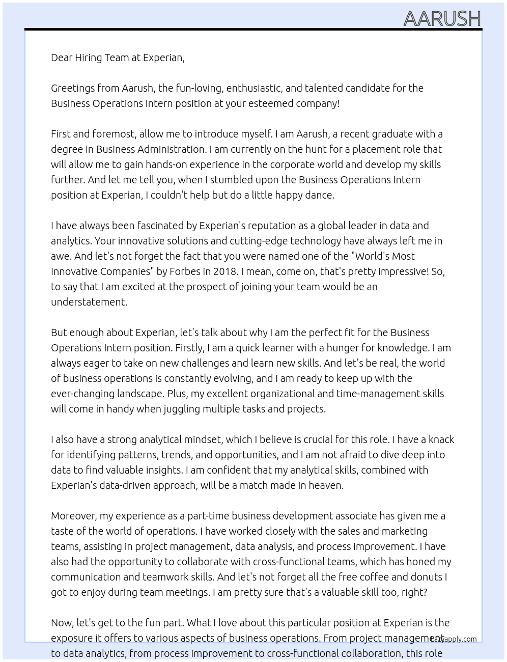 Business Operations Intern At Experian Cover Letter