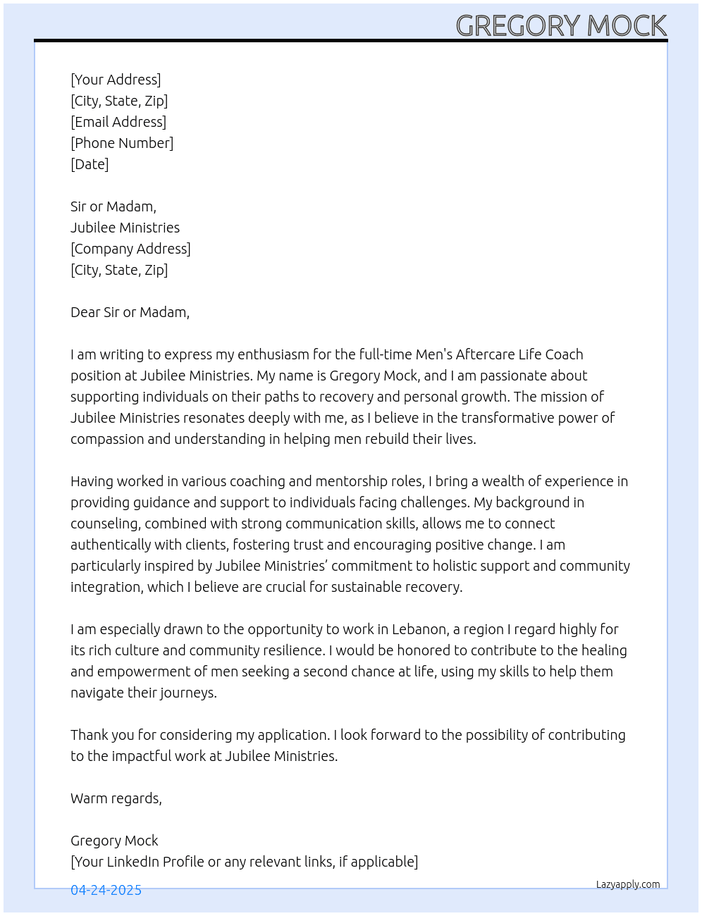 Cover letter for men's aftercare life coach - LazyApply