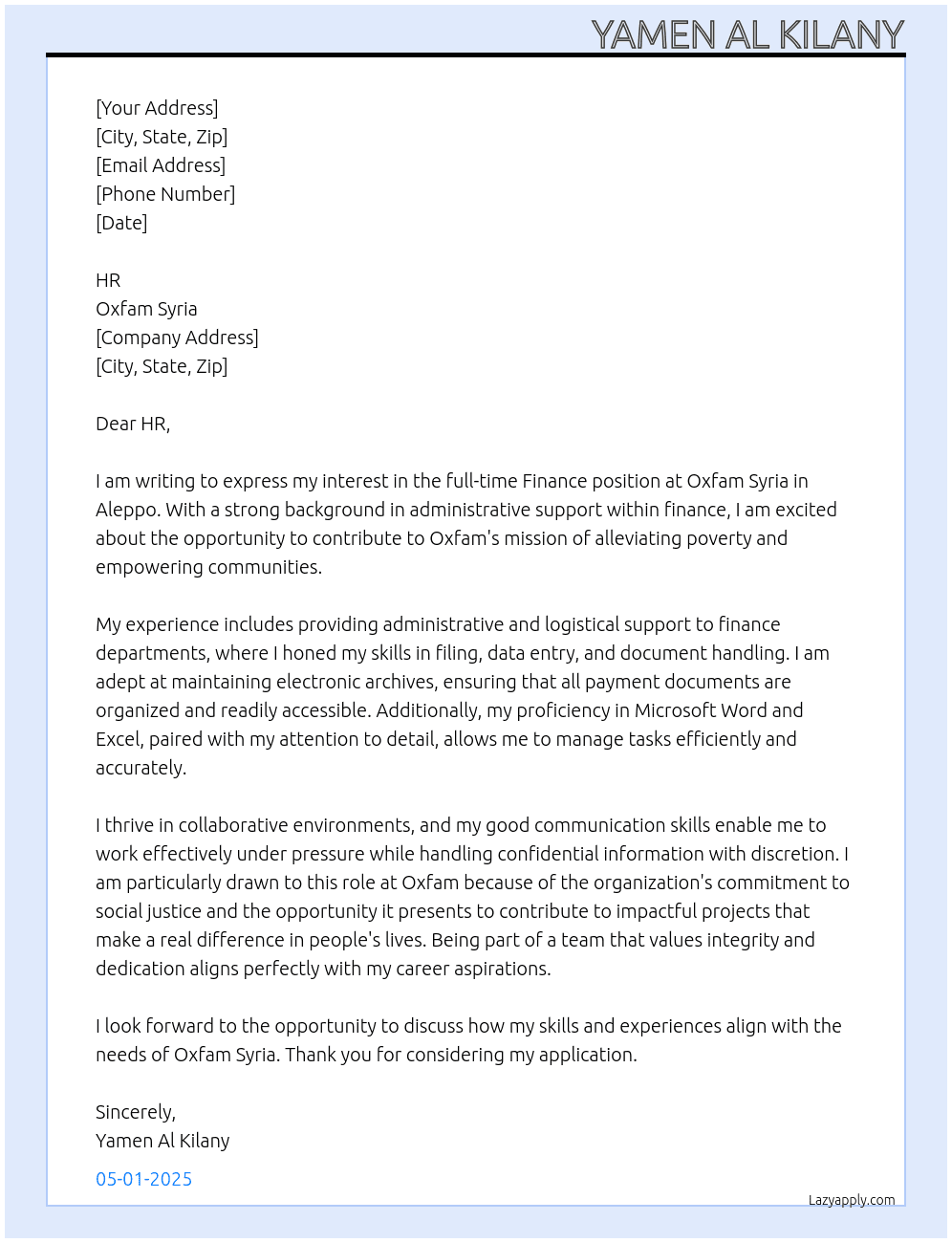 Finance in office FSP At Oxfam Syria Cover Letter