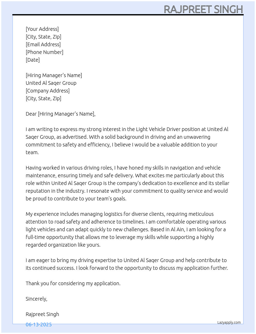 Light Vehicle Driver At United Al saqer Group Cover Letter