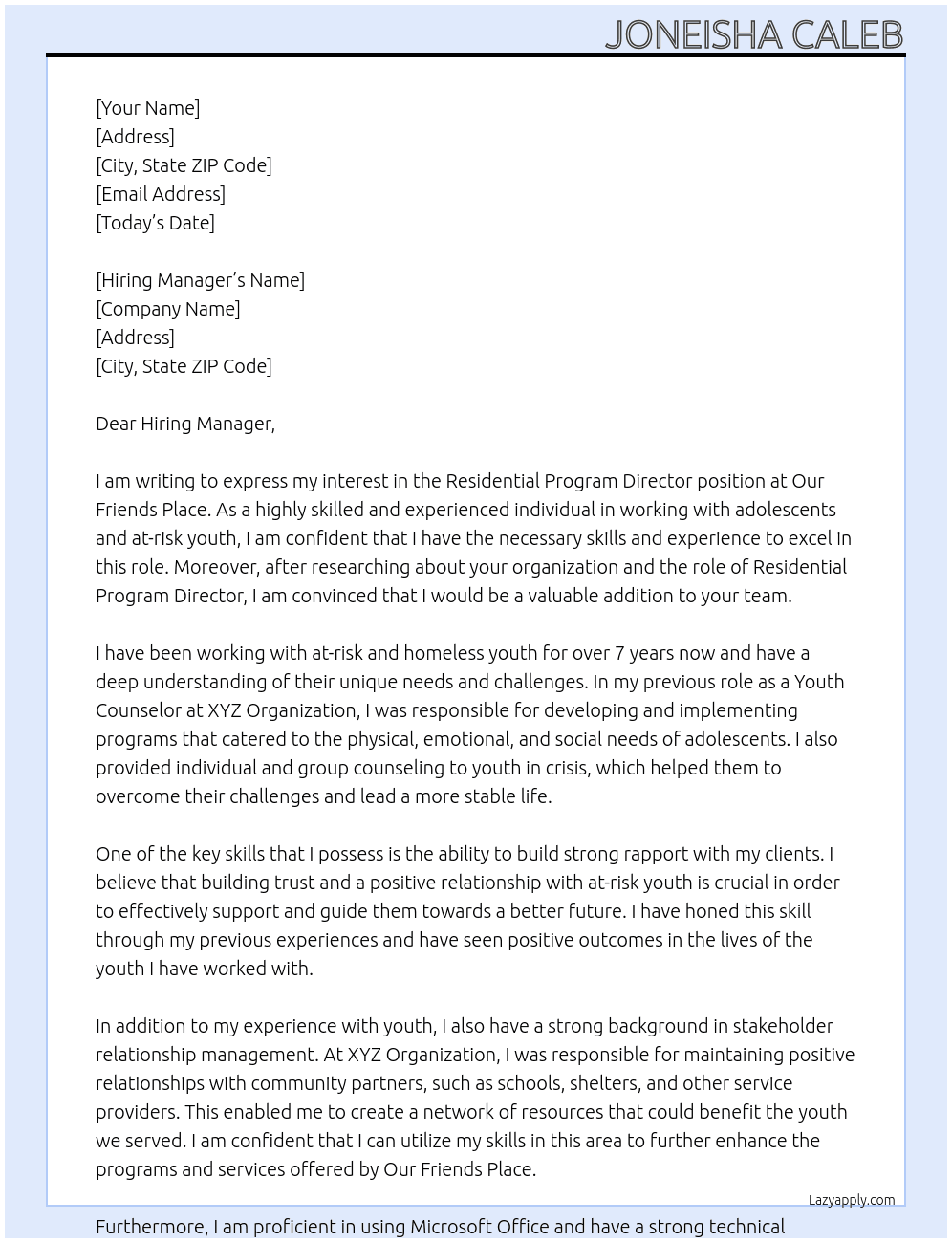 Residential Program Director At Our Friends Place Cover Letter