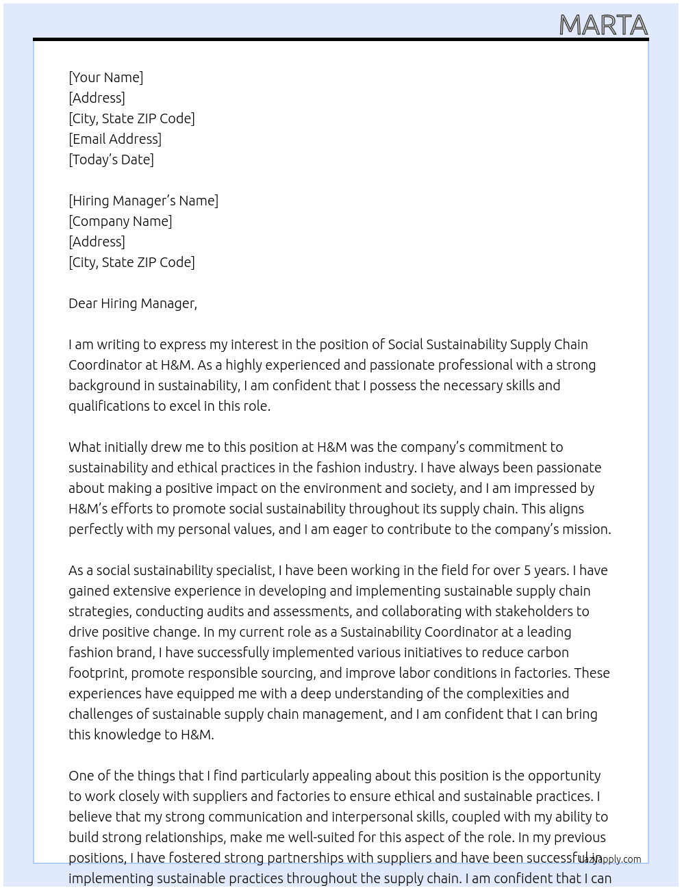 Cover letter for social sustainability supply chain coordinator - LazyApply