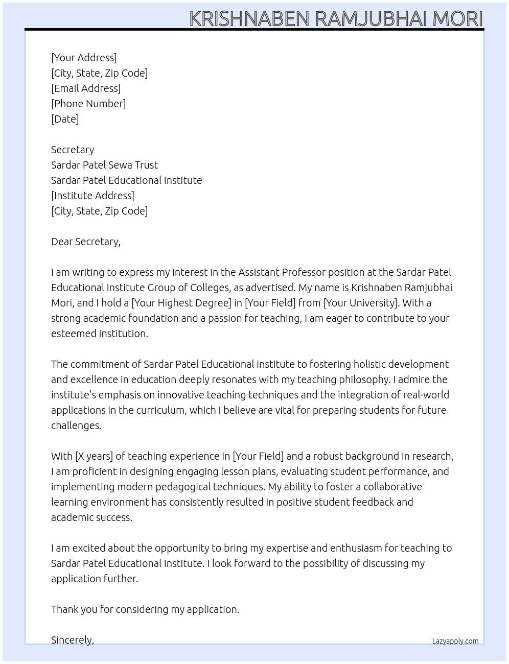 Assistant Professor At SARDAR PATEL EDUCATIONAL INSTITUTE GROUP OF COLLEGES Cover Letter