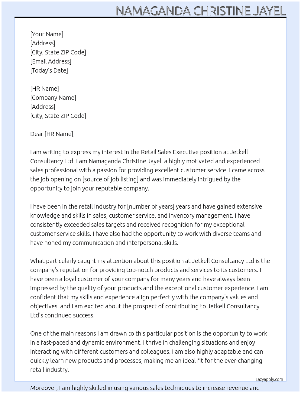Retail sales executive At Jetkell Consultancy Ltd Cover Letter