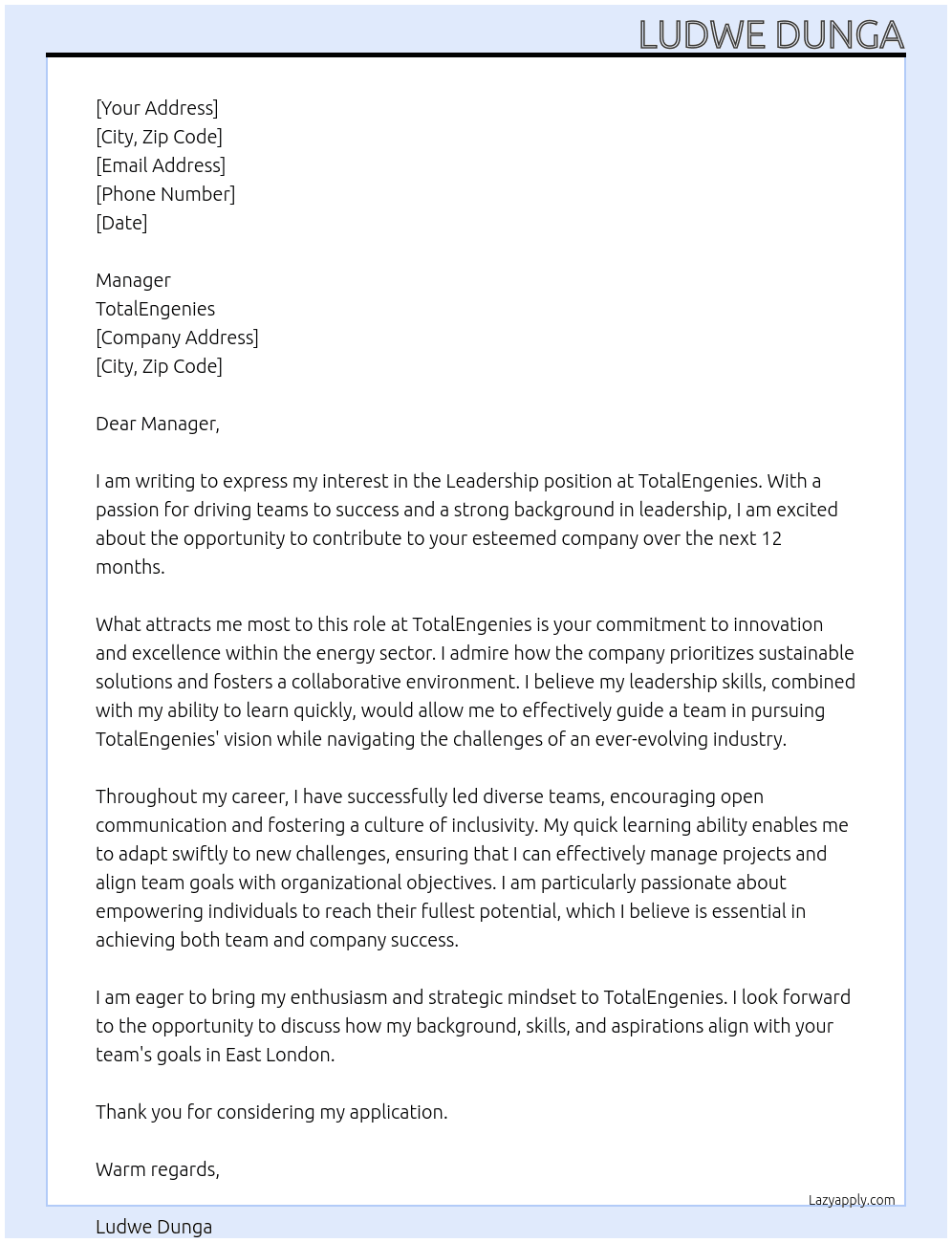 Leadership  At TotalEngenies Cover Letter