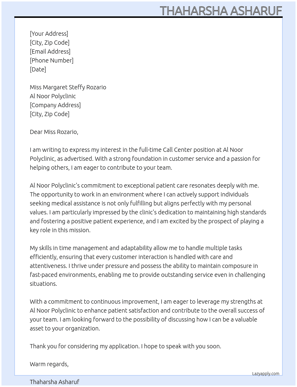 Call center At Al noor polyclinic Cover Letter