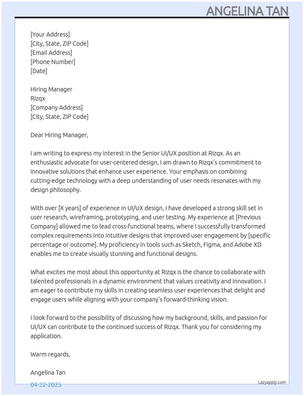 senior  UI/UX  At Rizqx Cover Letter