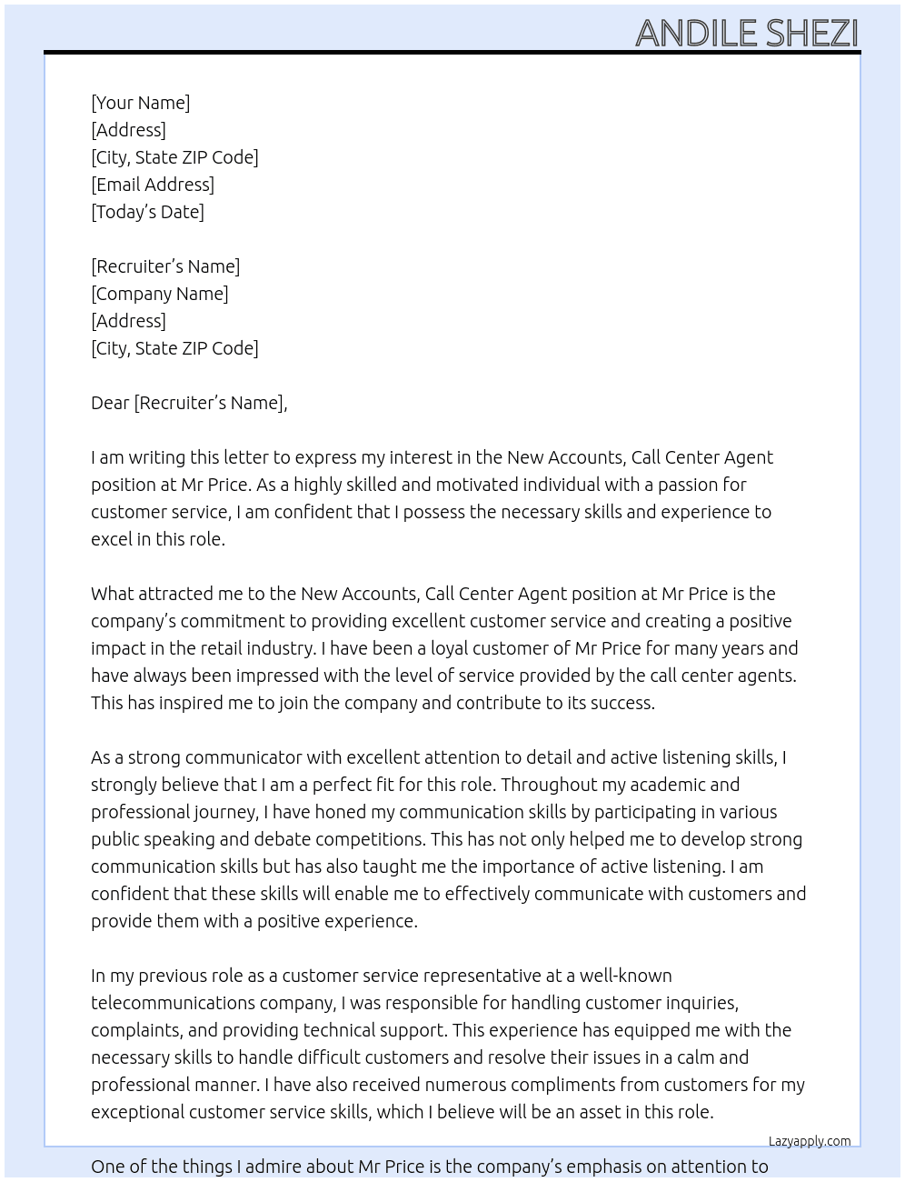 New Accounts, Call Center Agent At Mr Price Cover Letter